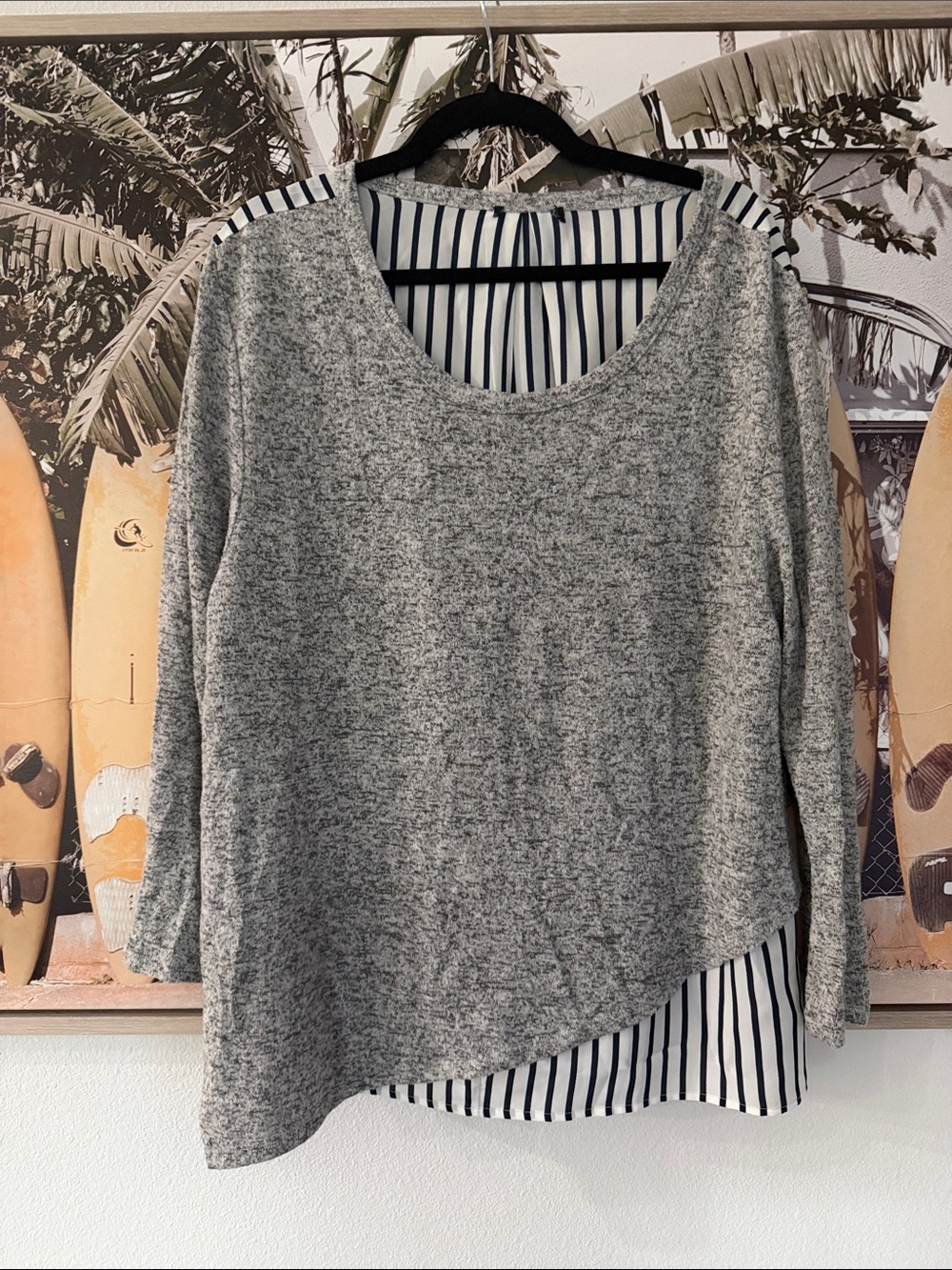 Gray Layered Pullover with Striped Hem